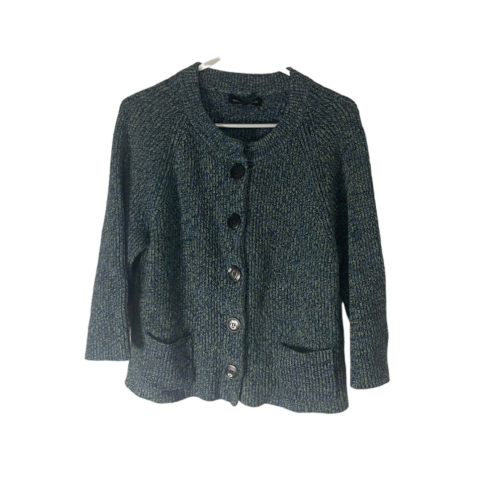 Jones New York Petite Blue Green Marled Knit Button Front Cardigan Sweater PL
